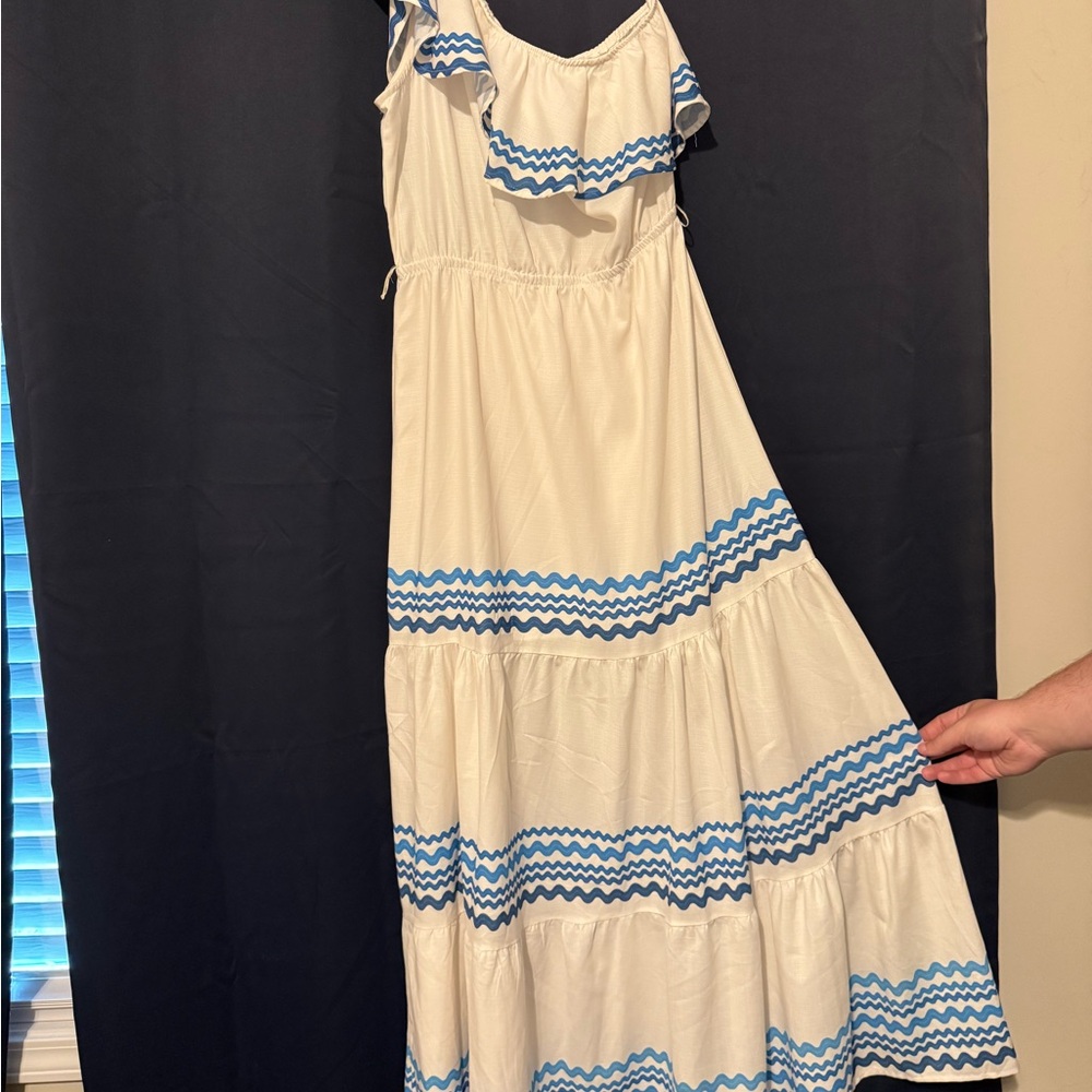 Flying Tomato Blue and White Ruffle Maxi Dress
